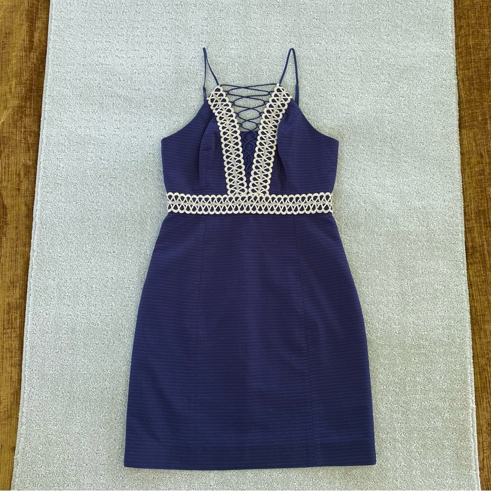 Lilly Pulitzer Navy Blue Dress Gold Bricade Size 2